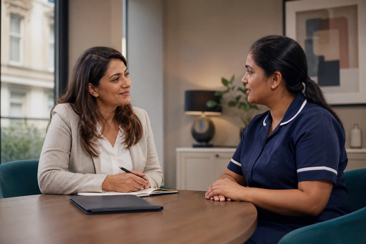 A healthcare recruitment consultant speaking with a nurse